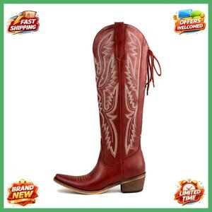 Knee High Western Cowboy Boots Wide Calf Lace Up Embroidered Cowgirl Heels